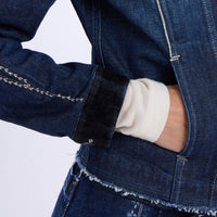 HIGH Everyday Couture Tactical slim-fit ombré denim jacket with a dark flocked collar and cuffs and off-white topstitching, close-up pocket view