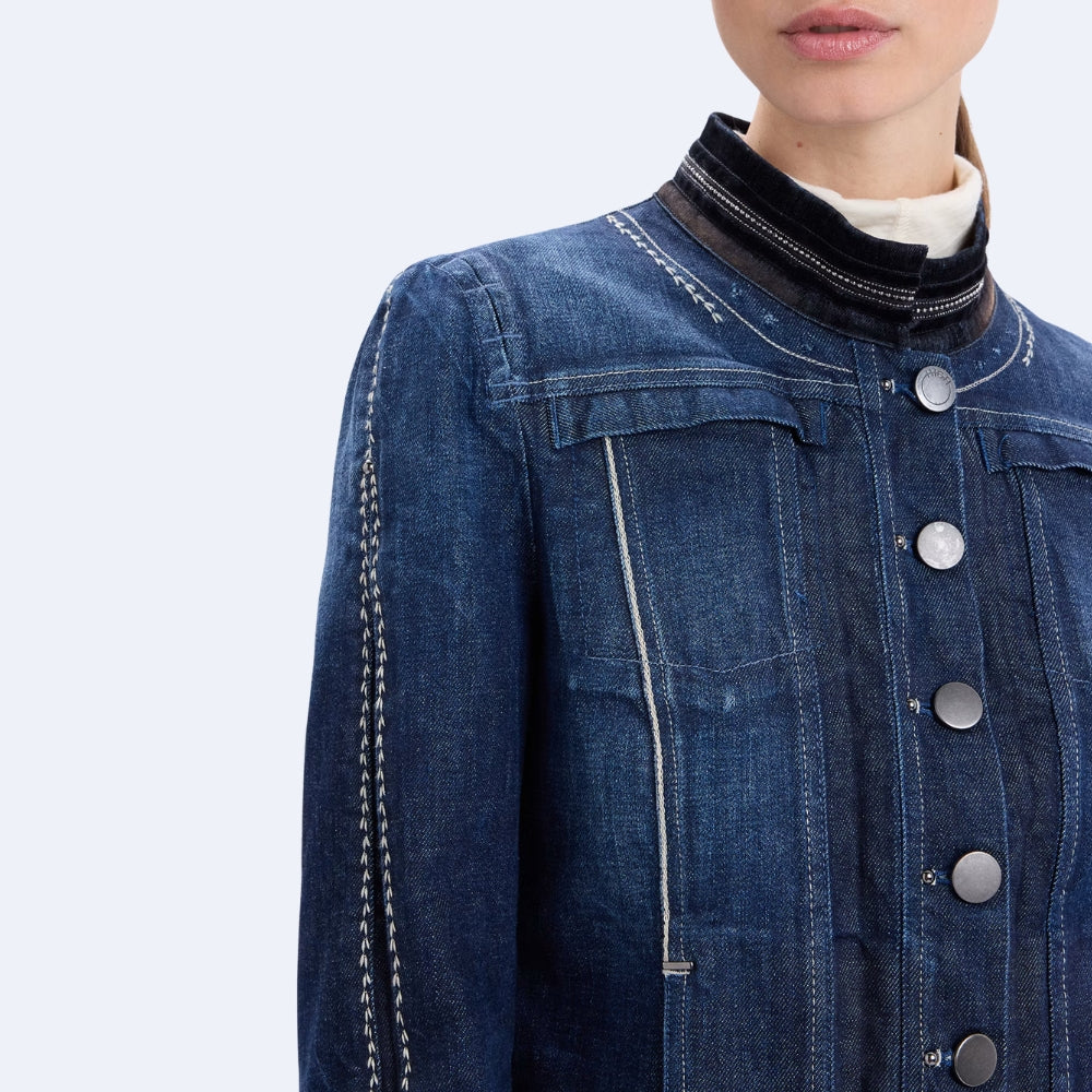 HIGH Everyday Couture Tactical slim-fit ombré denim jacket with a dark flocked collar and cuffs and off-white topstitching, close-up view