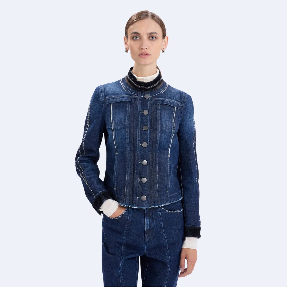 HIGH Everyday Couture Tactical slim-fit ombré denim jacket with a dark flocked collar and cuffs and off-white topstitching, front model view
