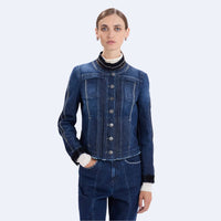 HIGH Everyday Couture Tactical slim-fit ombré denim jacket with a dark flocked collar and cuffs and off-white topstitching, front model view