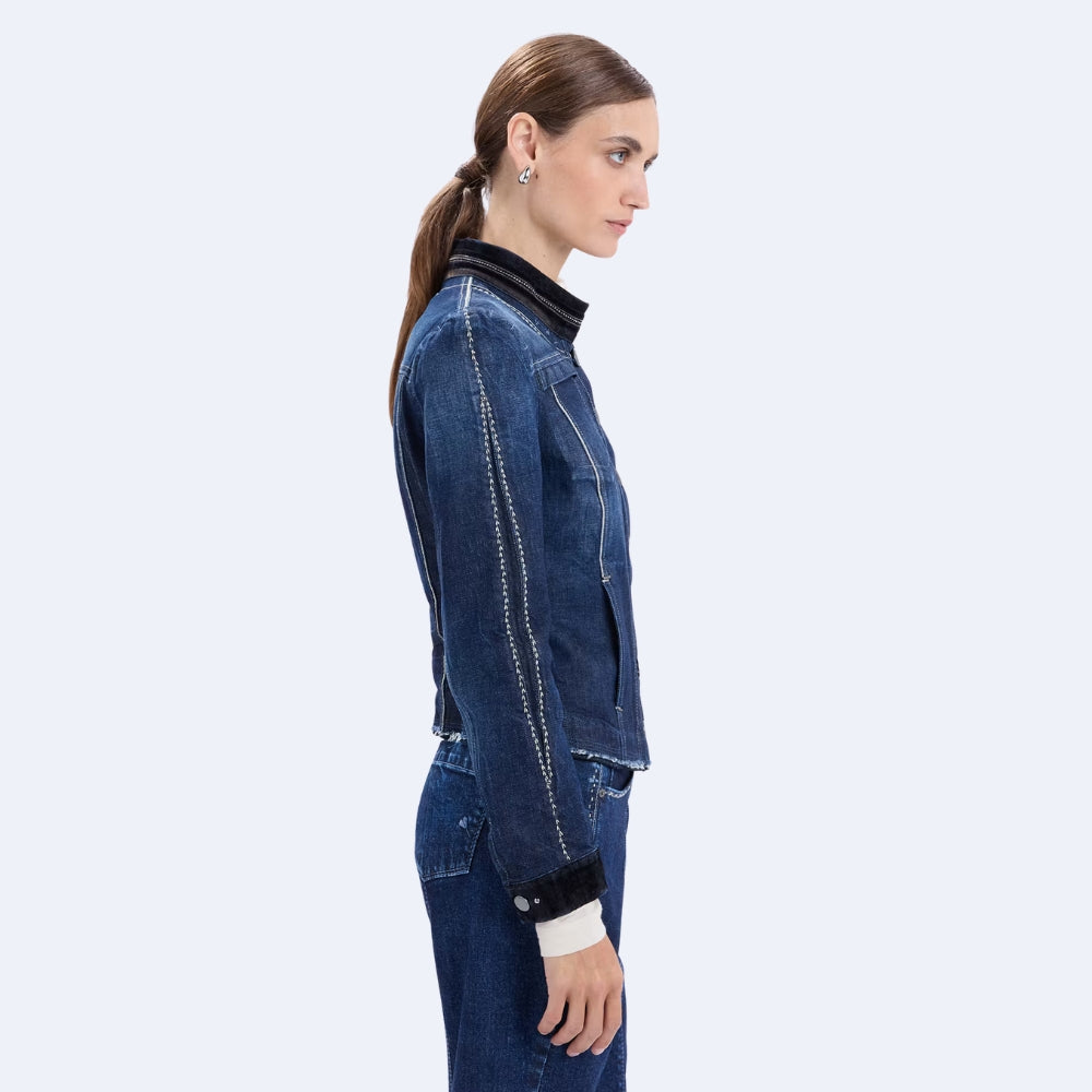 HIGH Everyday Couture Tactical slim-fit ombré denim jacket with a dark flocked collar and cuffs and off-white topstitching, side view