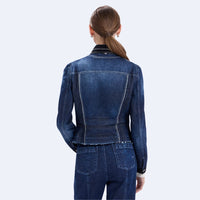 HIGH Everyday Couture Tactical slim-fit ombré denim jacket with a dark flocked collar and cuffs and off-white topstitching, back view