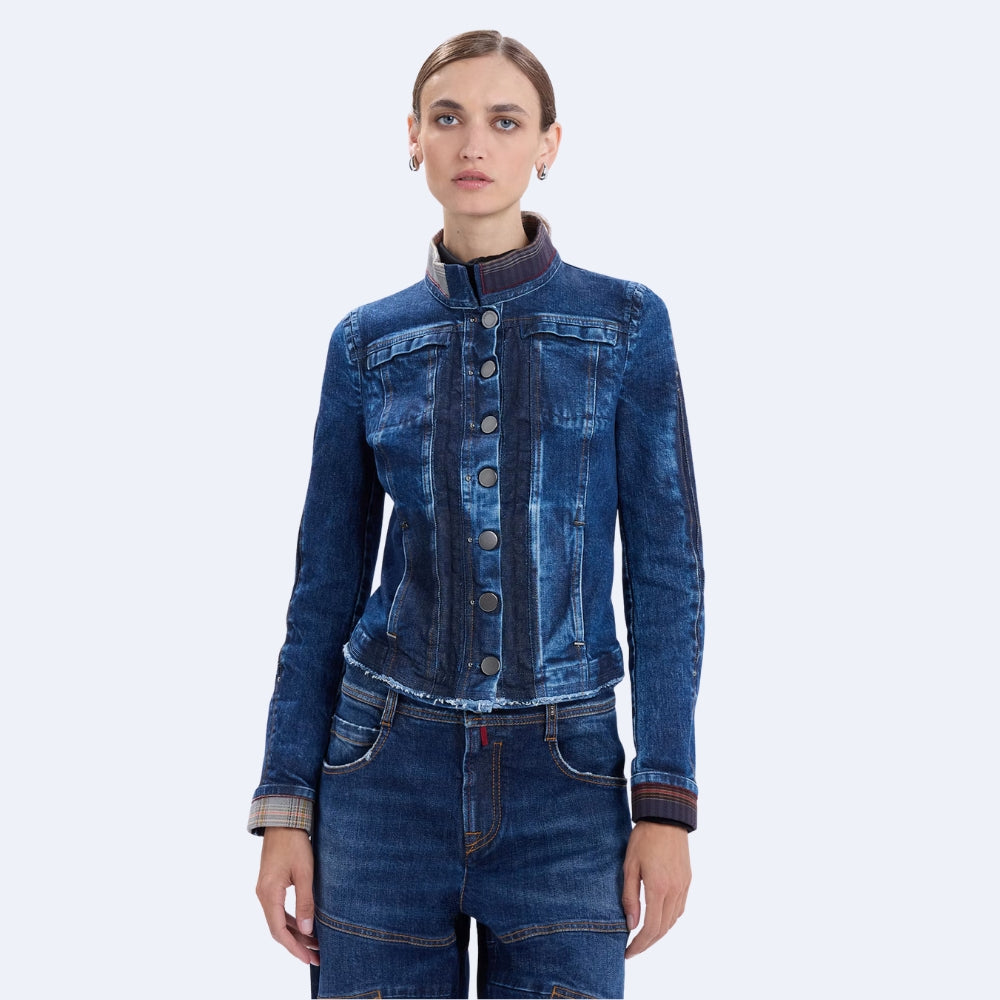 Model wearing the HIGH Everyday Couture Tactical tartan-trim denim jacket