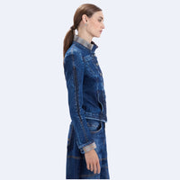HIGH Everyday Couture Tactical slim-fit denim jacket in a faded ombré wash with checked inserts at the collar and cuffs, side view