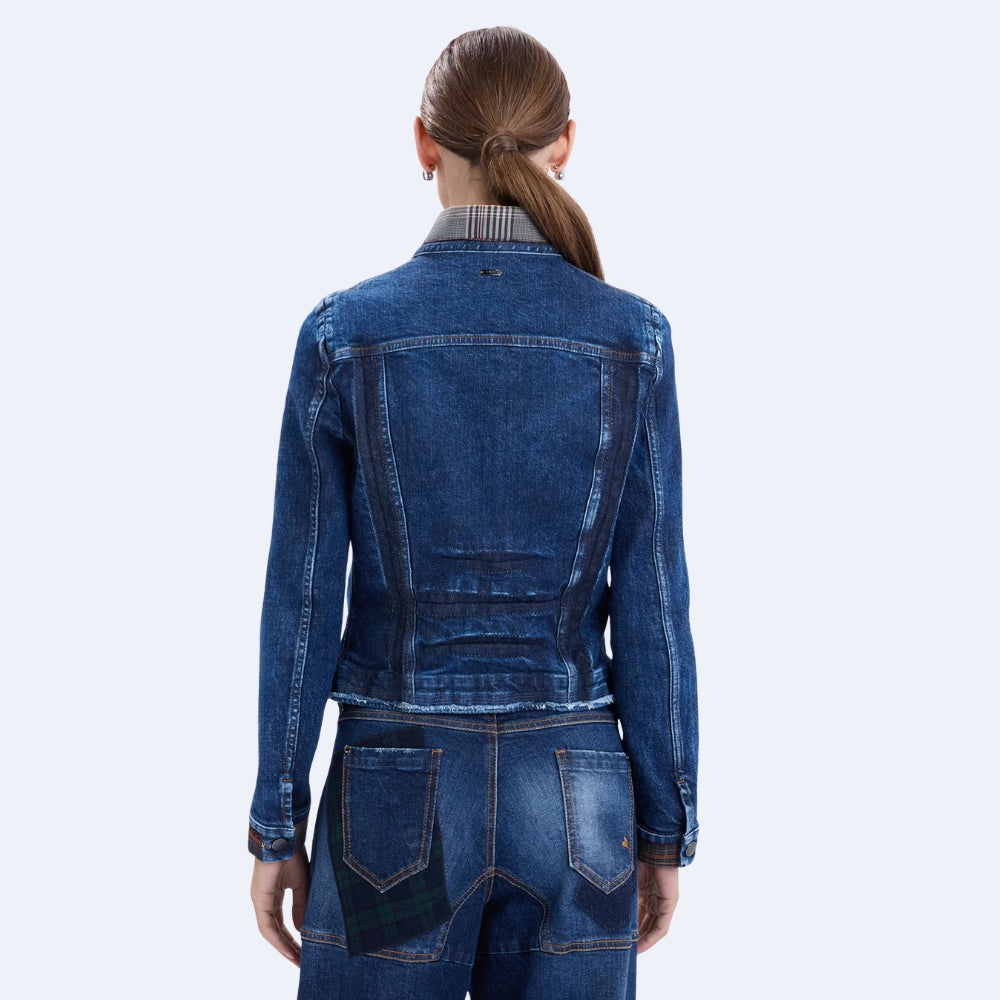 HIGH Everyday Couture Tactical slim-fit denim jacket in a faded ombré wash with checked inserts at the collar and cuffs, back view