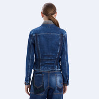 HIGH Everyday Couture Tactical slim-fit denim jacket in a faded ombré wash with checked inserts at the collar and cuffs, back view