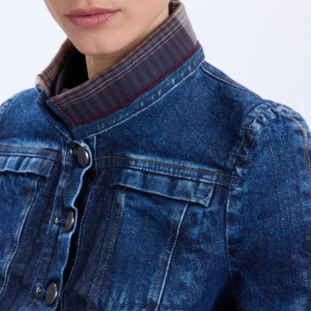 HIGH Everyday Couture Tactical slim-fit denim jacket in a faded ombré wash with checked inserts at the collar and cuffs, close-up