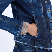 HIGH Everyday Couture Tactical slim-fit denim jacket in a faded ombré wash with checked inserts at the collar and cuffs, close-up pocket view