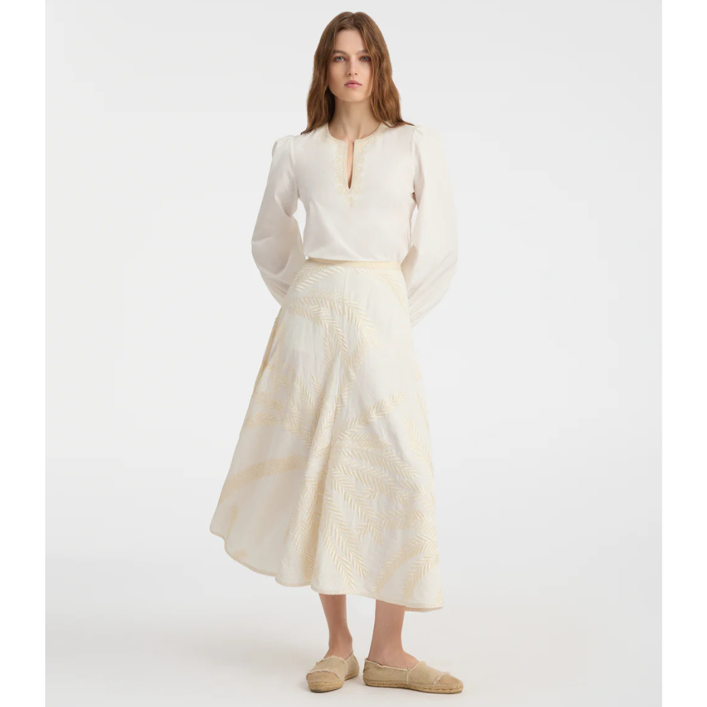Tasha 3 Palm Embroidery Skirt in White