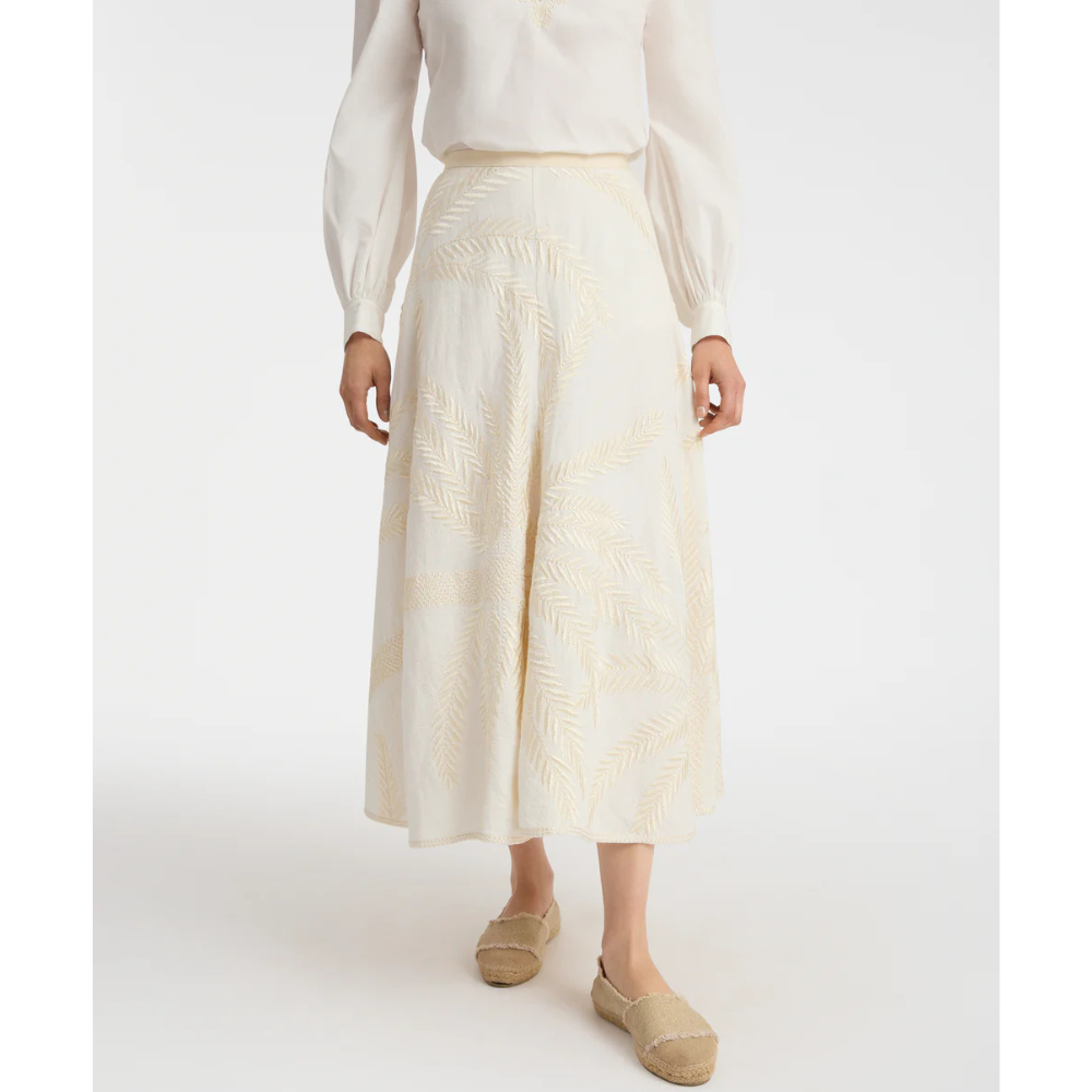 Tasha 3 Palm Embroidery Skirt in White