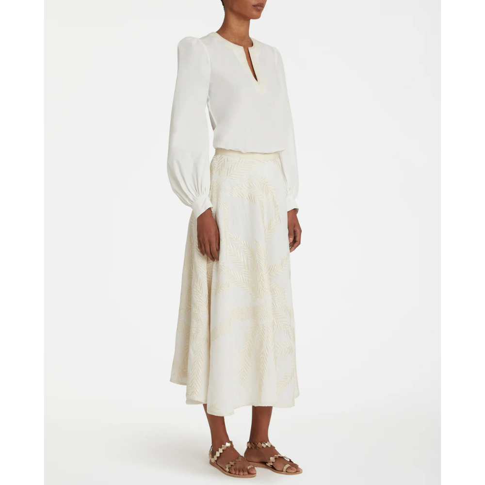 Tasha 3 Palm Embroidery Skirt in White