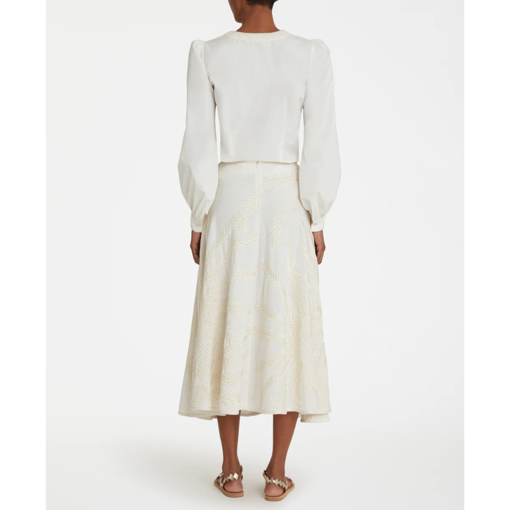 Tasha 3 Palm Embroidery Skirt in White