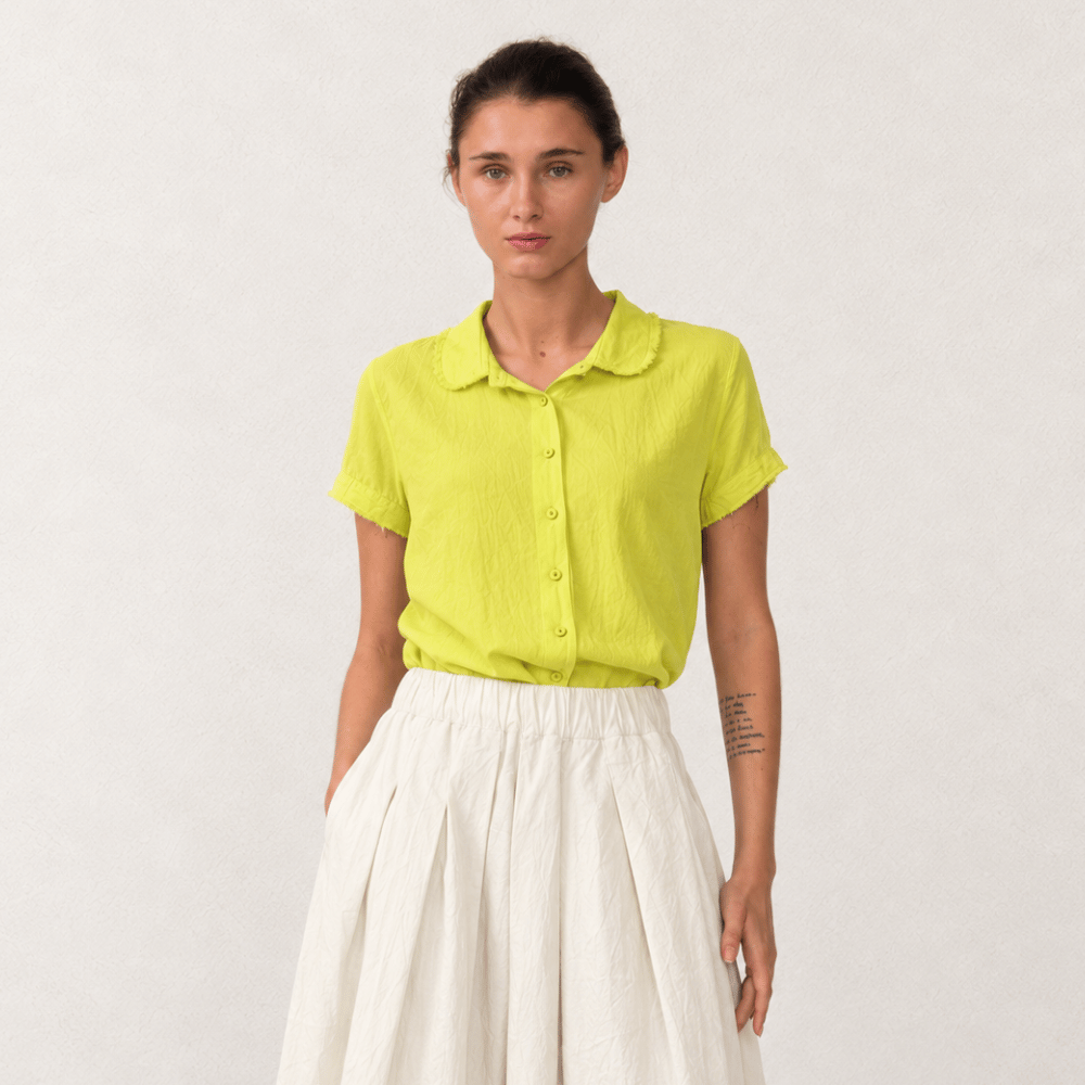 Hannoh Wessel SYDNEY Raw-Edge Cotton Short-Sleeve Shirt in Lime