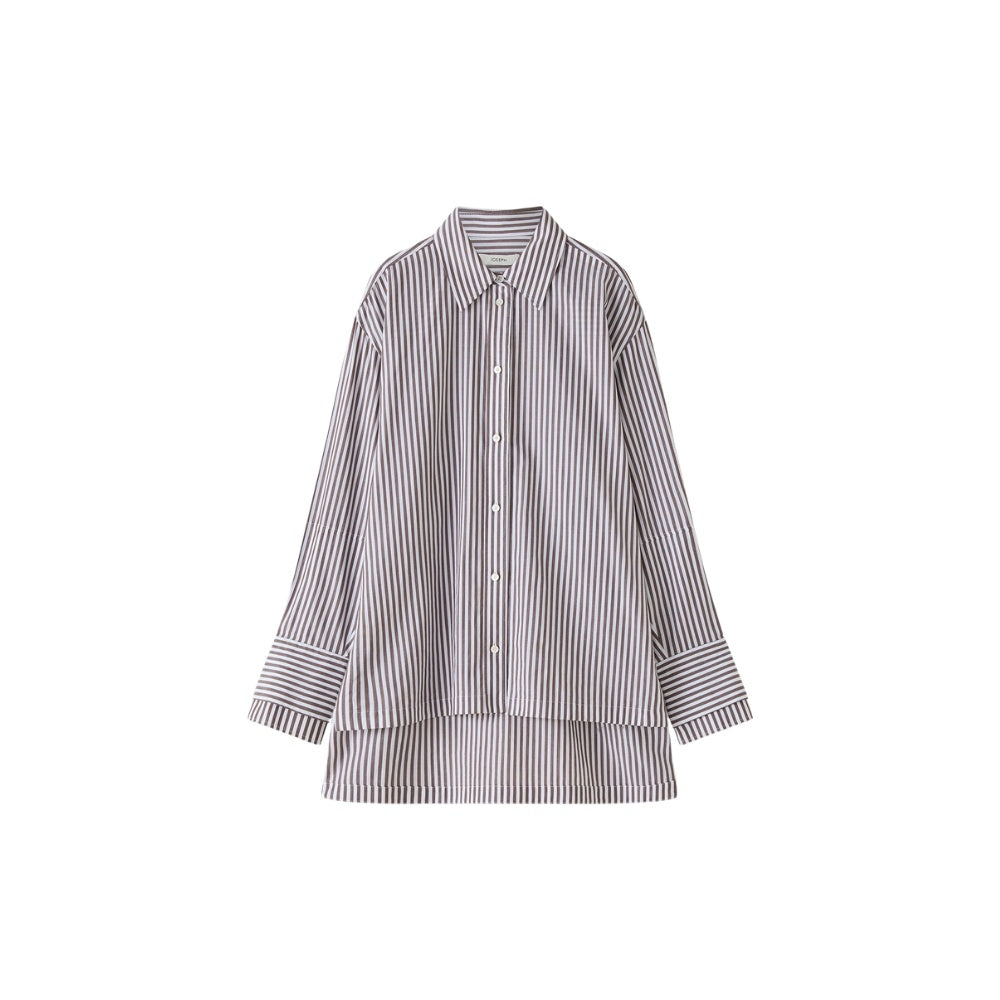 JOSEPH Theia oversized cotton shirt in a brown and white stripe with double cuffs, front view