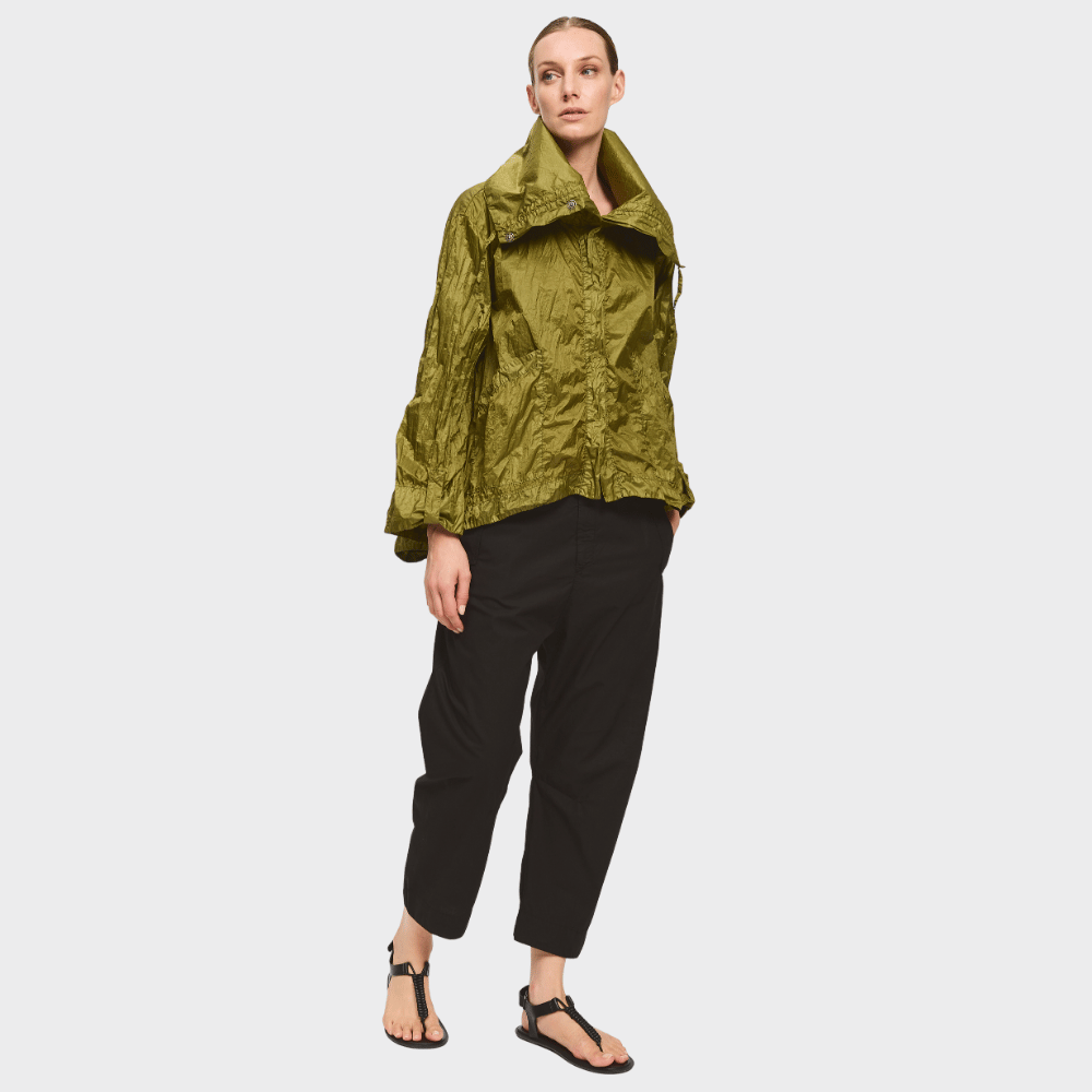 Transit Par Such coated flared jacket in luminous olive green – full front view
