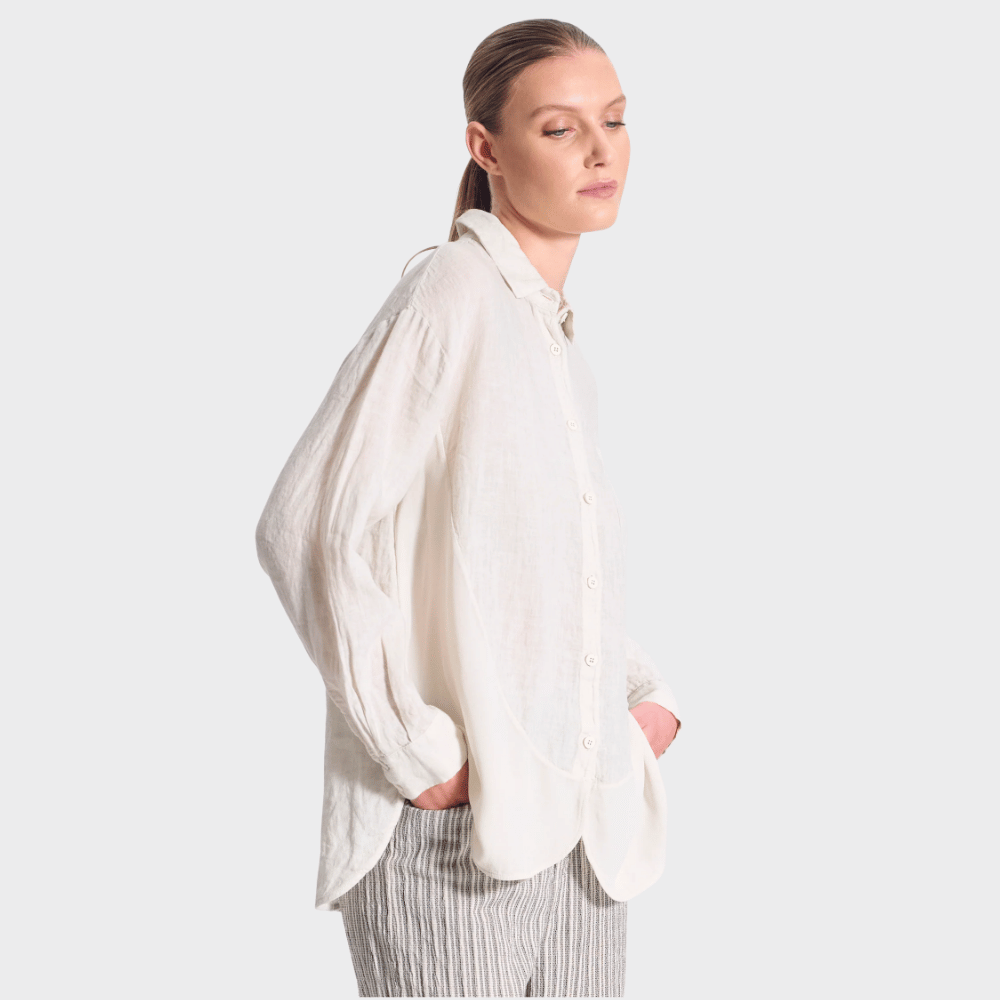 Transit Par Such Contrast Panel Linen Shirt in Chalk - side view