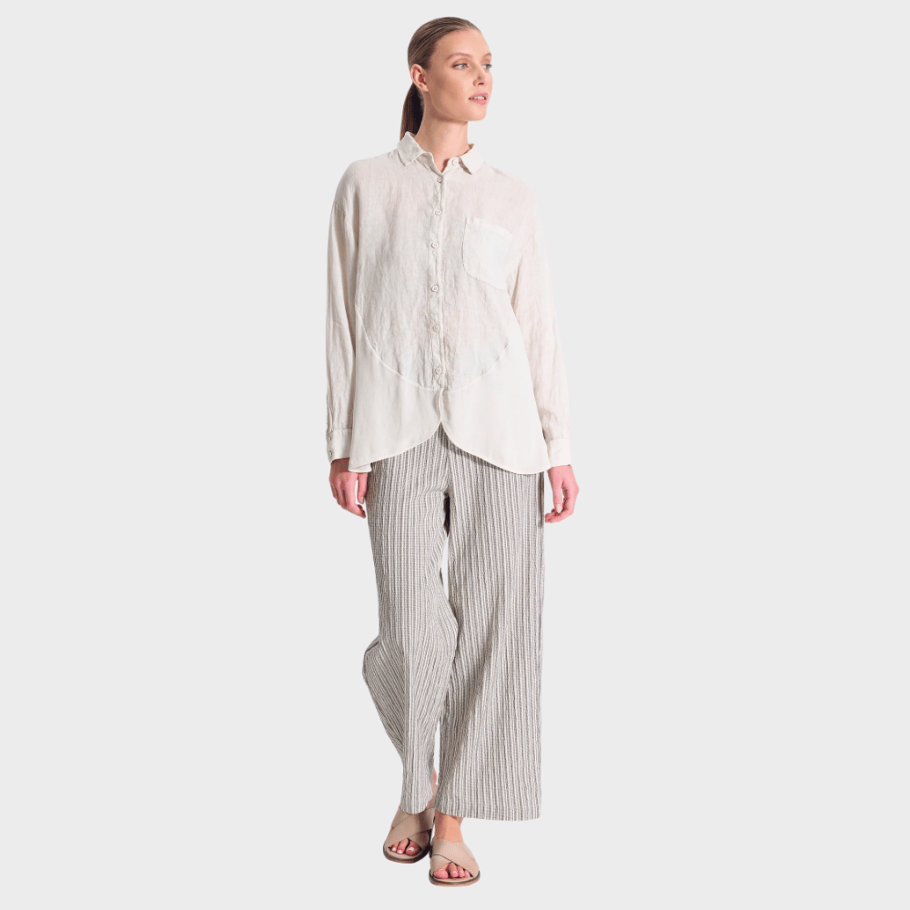 Transit Par Such Contrast Panel Linen Shirt in Chalk - front full view