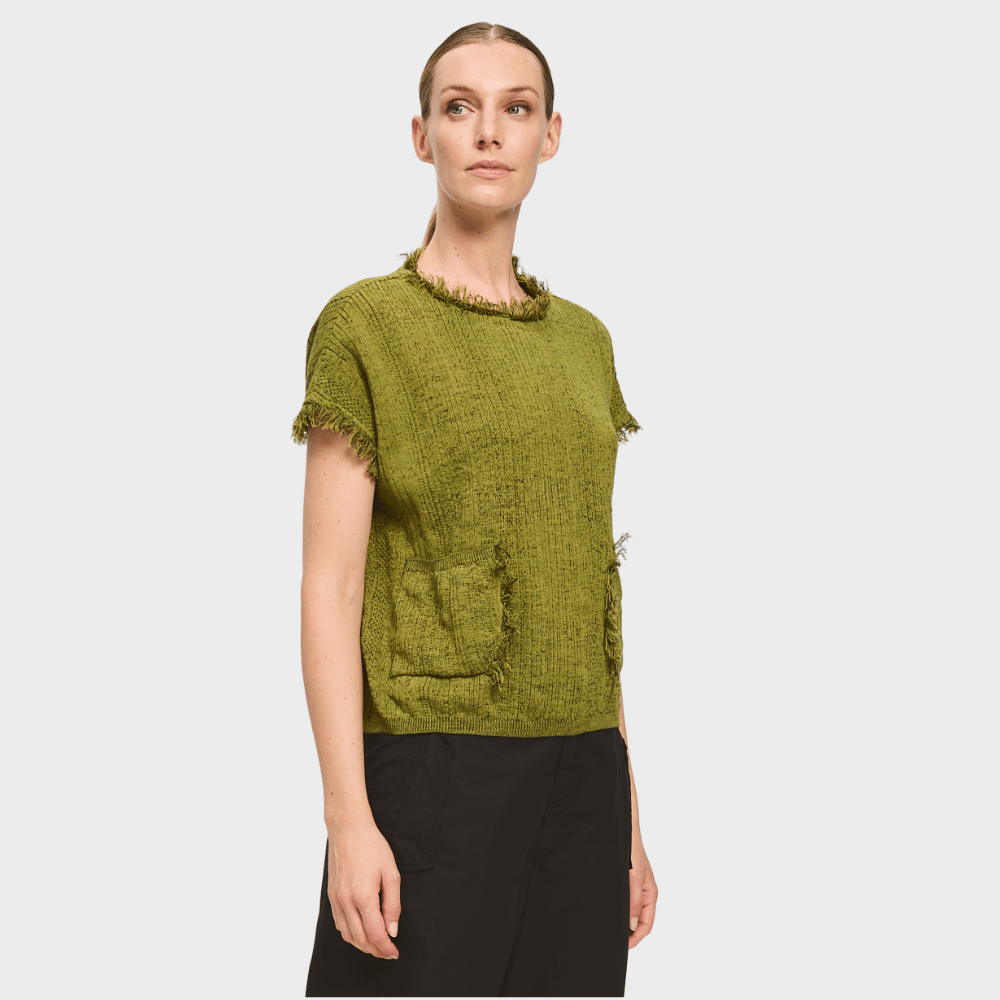 Transit Par Such olive knit top with fringed sleeves and neckline – side view