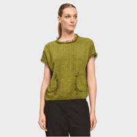 Transit Par Such olive knit top with fringed sleeves and neckline – front view