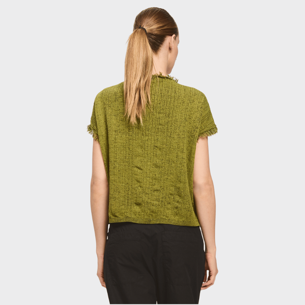 Transit Par Such olive knit top with fringed sleeves and neckline – back view