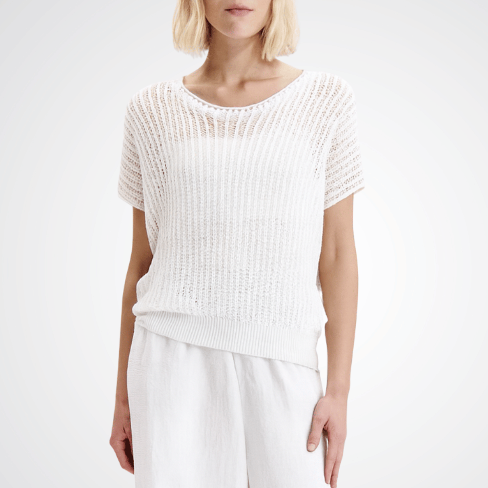 Transit Par Such Knit Top in White — Italian-made open rib-knit short-sleeve top in lightweight cotton-linen blend, relaxed fit with round neckline, available at Riada Concept Woollahra Transit Par Such at Riada Concept Designer fashion shop online and in store High End fashion boutique Sydney Australia Riada Concept