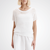 Transit Par Such Knit Top in White — Italian-made open rib-knit short-sleeve top in lightweight cotton-linen blend, relaxed fit with round neckline, available at Riada Concept Woollahra Transit Par Such at Riada Concept Designer fashion shop online and in store High End fashion boutique Sydney Australia Riada Concept