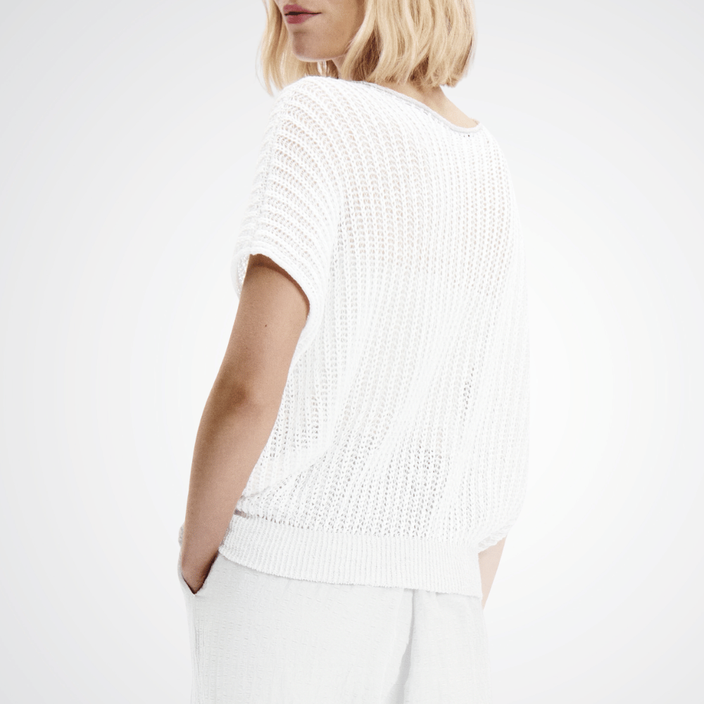 Transit Par Such Knit Top in White — Italian-made open rib-knit short-sleeve top in lightweight cotton-linen blend, relaxed fit with round neckline, available at Riada Concept Woollahra Transit Par Such at Riada Concept Designer fashion shop online and in store High End fashion boutique Sydney Australia Riada Concept
