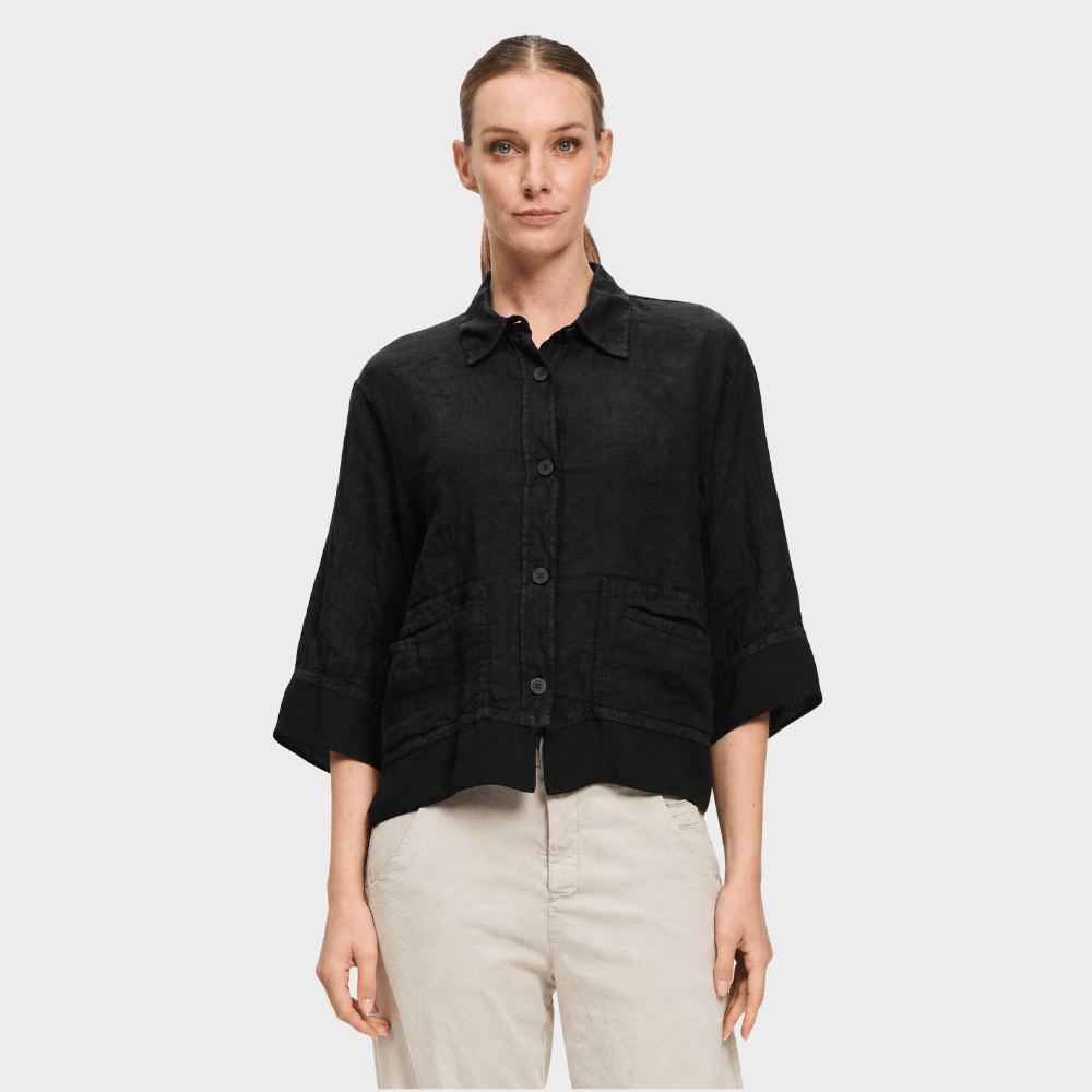 Transit Par Such Linen Georgette Trim Shirt Jacket in Black - front view