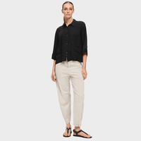 Transit Par Such Linen Georgette Trim Shirt Jacket in Black - full front view