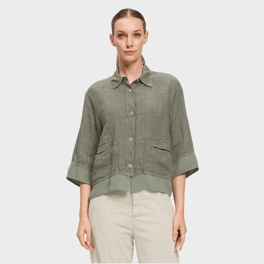 Transit Par Such Linen Georgette Trim Shirt Jacket in Green - front view