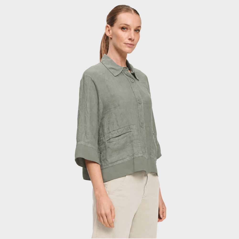 Transit Par Such Linen Georgette Trim Shirt Jacket in Green - side view