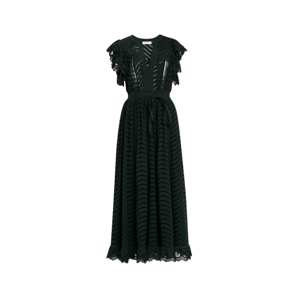 Ulla Johnson Olga Eyelet Flutter-Sleeve Midi Dress in Cypress – luxury cotton eyelet midi dress with V-neck and flutter sleeves, Available instore and online at Riada Concept, Woollahra — Sydney’s destination for a curated selection of international luxury brands