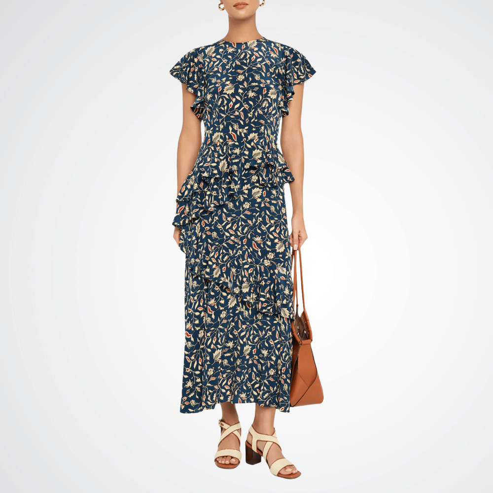 Ulla Johnson Amaia Cascading Ruffle Midi Dress in Midnight Garden Ulla Johnson designer skirts, international luxury fashion boutique Australia Riada Concept Woollahra