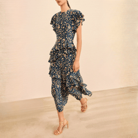 Ulla Johnson Amaia Cascading Ruffle Midi Dress in Midnight Garden Ulla Johnson designer skirts, international luxury fashion boutique Australia Riada Concept Woollahra