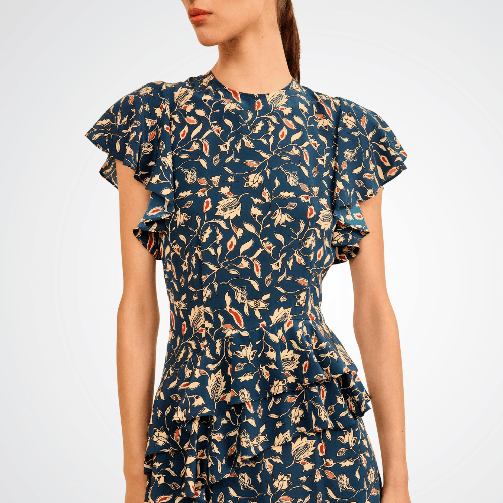 Ulla Johnson Amaia Cascading Ruffle Midi Dress in Midnight Garden Ulla Johnson designer skirts, international luxury fashion boutique Australia Riada Concept Woollahra