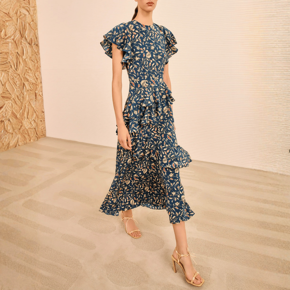 Ulla Johnson Amaia Cascading Ruffle Midi Dress in Midnight Garden Ulla Johnson designer skirts, international luxury fashion boutique Australia Riada Concept Woollahra
