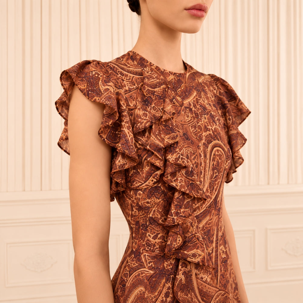 Riada Concept Ulla Johnson Ameline bias-cut silk crepe de chine dress in terracotta paisley with cascading ruffles - closeup