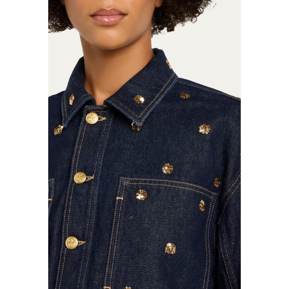 Riada Concept Ulla Johnson Bobbi dark indigo denim jacket embellished with gold sequinned flowers and gold-tone buttons - model view close-up