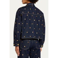 Riada Concept Ulla Johnson Bobbi dark indigo denim jacket embellished with gold sequinned flowers and gold-tone buttons - back view