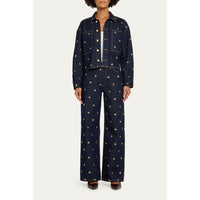 Riada Concept Ulla Johnson Bobbi dark indigo denim jacket embellished with gold sequinned flowers and gold-tone buttons - full front view