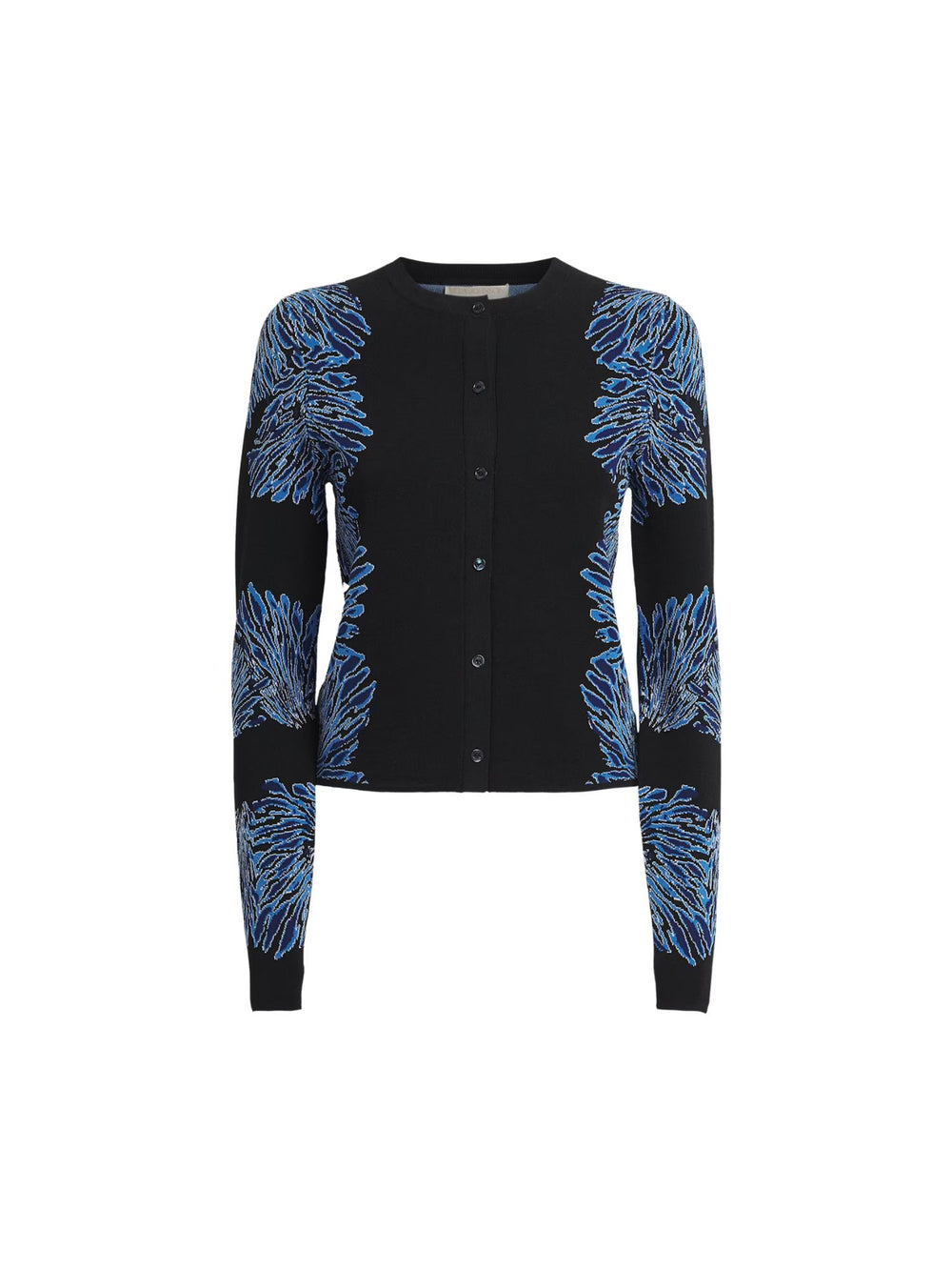 Shop Ulla Johnson Carina in Ocean, a blue seashell jacquard knit cardigan with round neck, long sleeves and button front. Available at Riada Australia.