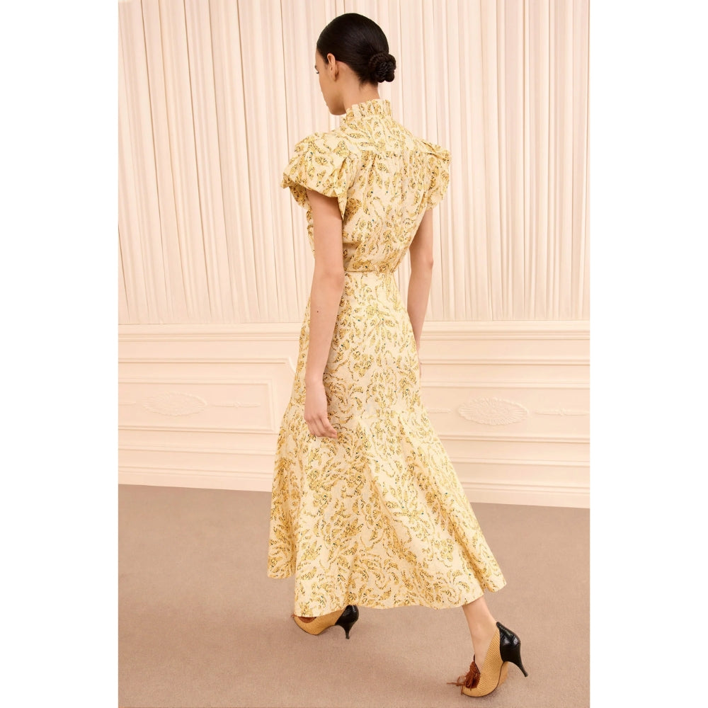Riada Concept Ulla Johnson Clarisse high-waisted cotton poplin trumpet midi skirt in a pale yellow print - angle view