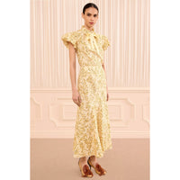 Riada Concept Ulla Johnson Clarisse high-waisted cotton poplin trumpet midi skirt in a pale yellow print - front view