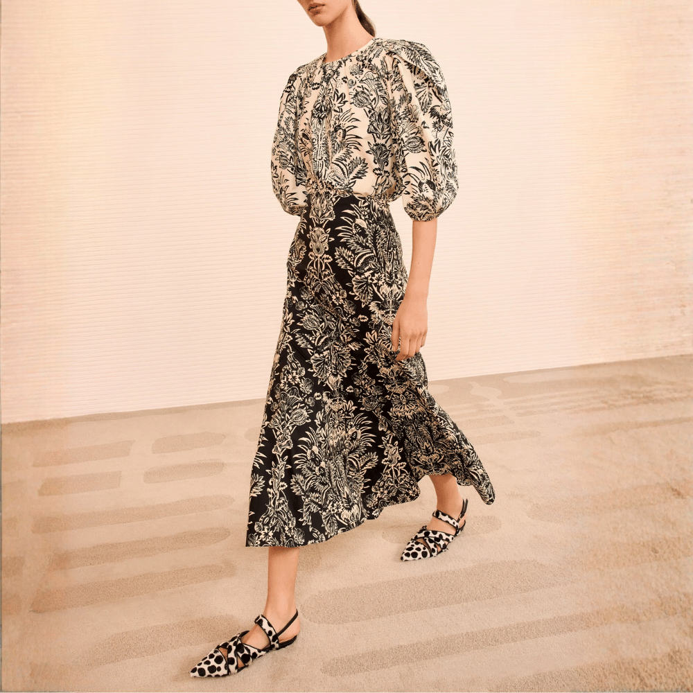 Ulla Johnson Clarisse Trumpet Midi Skirt in Noir Flora Ulla Johnson designer skirts, international luxury fashion boutique Australia Riada Concept Woollahra