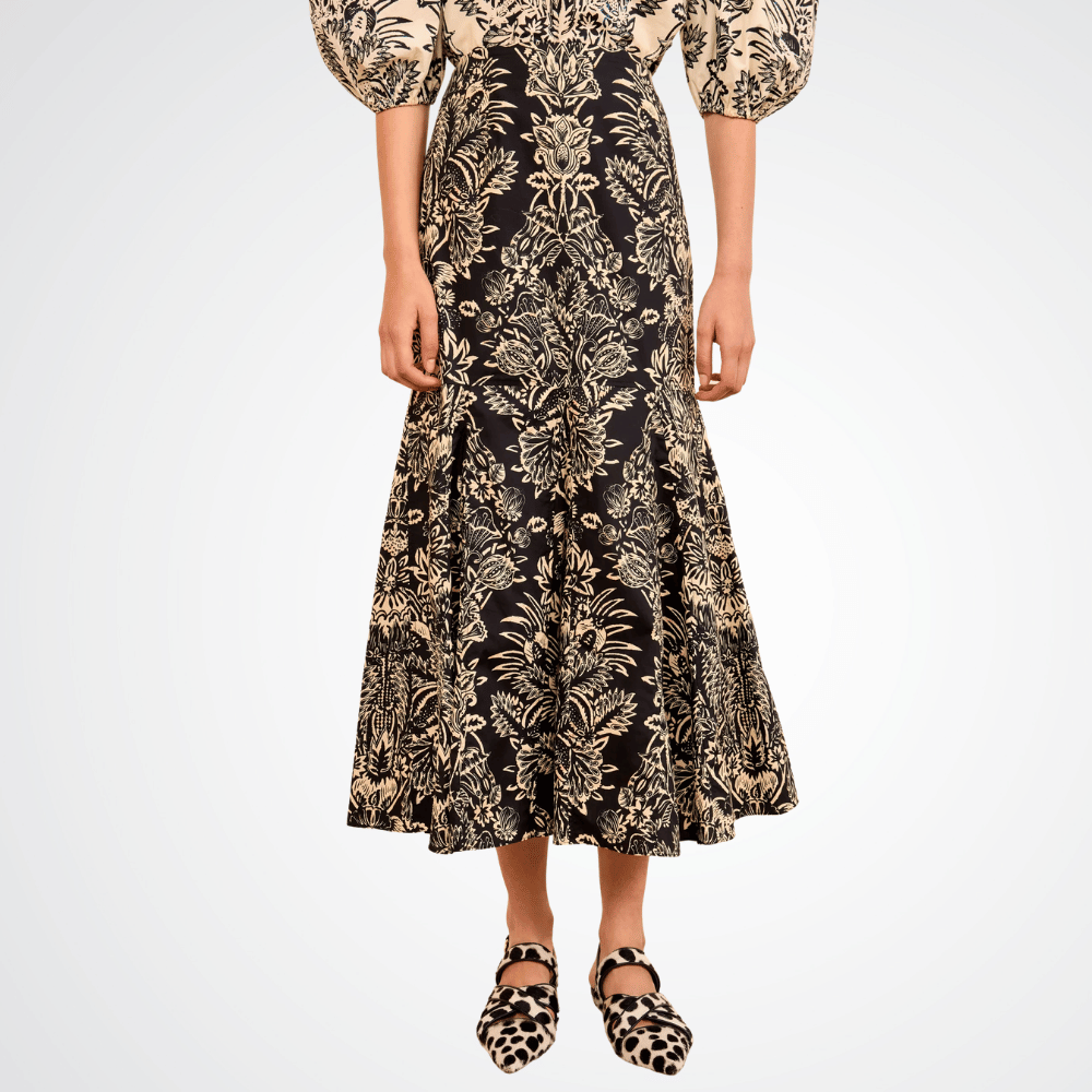 Ulla Johnson Clarisse Trumpet Midi Skirt in Noir Flora Ulla Johnson designer skirts, international luxury fashion boutique Australia Riada Concept Woollahra