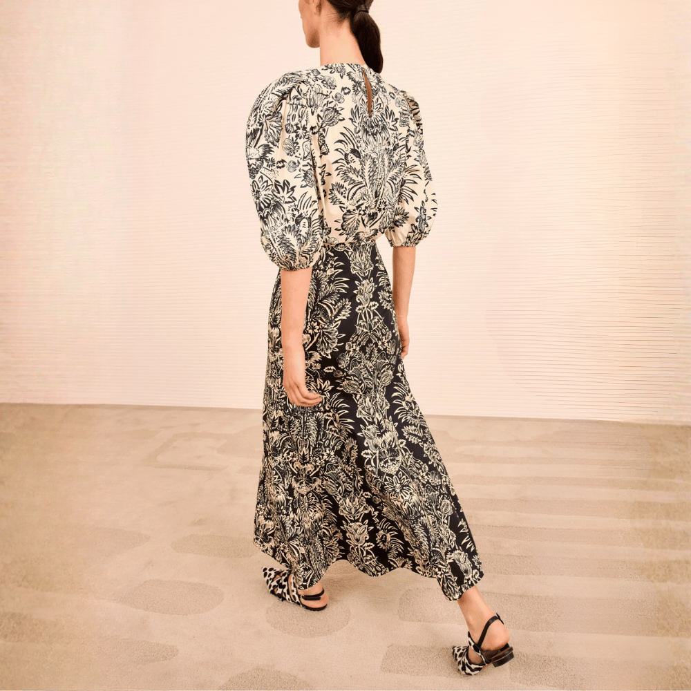 Ulla Johnson Clarisse Trumpet Midi Skirt in Noir Flora Ulla Johnson designer skirts, international luxury fashion boutique Australia Riada Concept Woollahra