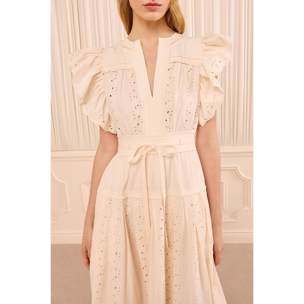 Riada Concept Ulla Johnson Dani ivory cotton poplin midi dress with eyelet embroidery, flutter sleeves and a belted waist - close up