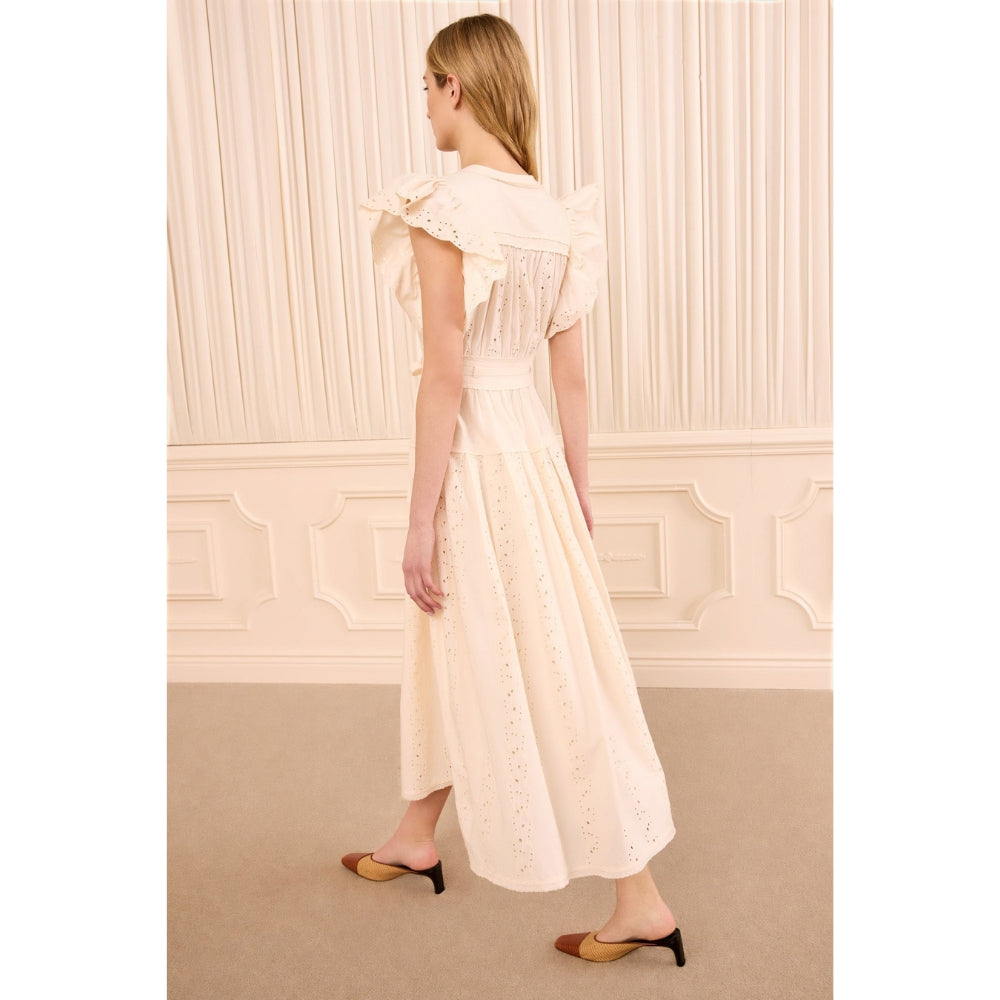 Riada Concept Ulla Johnson Dani ivory cotton poplin midi dress with eyelet embroidery, flutter sleeves and a belted waist - styled back view