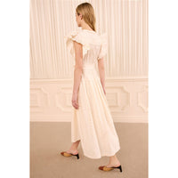 Riada Concept Ulla Johnson Dani ivory cotton poplin midi dress with eyelet embroidery, flutter sleeves and a belted waist - styled back view