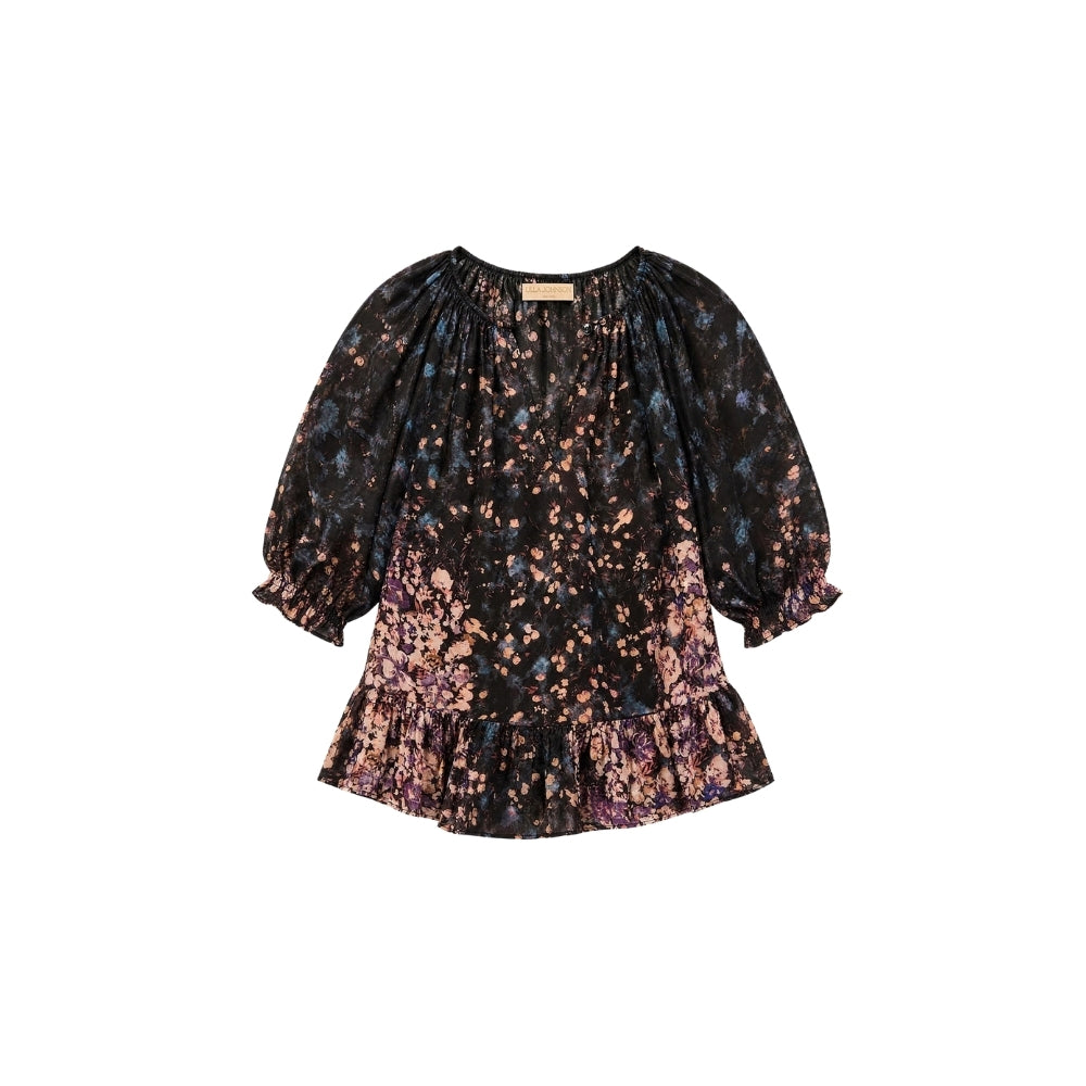 Riada Concept Ulla Johnson Elise silk jacquard blouse in a black floral bouquet print, with ruffles at the sleeves and hem